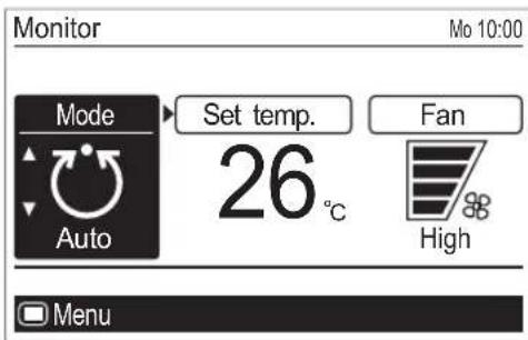 Monitor Mo 10:00 Mode Set temp. 26 °C Fan High Menu