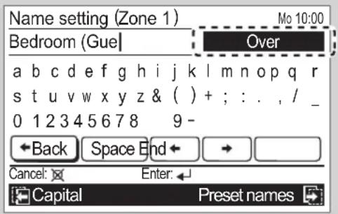 Name setting (Zone 1) Bedroom (Gue) Over a b c d e f g h i j k l m n o p q r s t u v w x y z & ( ) + ; : . , / _ 0 1 2 3 4 5 6 7 8 9 - ← Back Space End ← → ▼ Cancel: ▼ Enter: ← Capital Preset names