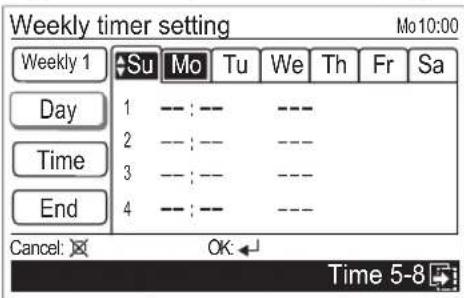 Weekly timer setting Mo 10:00 Weekly 1 Su Mo Tu We Th Fr Sa Day 1 --- : --- --- Time 2 --- : --- --- 3 --- : --- --- End 4 --- : --- --- Cancel: OK← Time 5-8