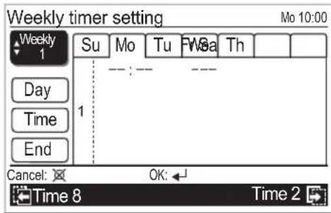 Weekly timer setting Mo 10:00 Weekly 1 Su Mo Tu FW8a Th Day : -- Time : -- End 1 Cancel: OK: Time 8 Time 2