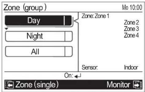 Zone (group) Day Night All Zone: Zone 1 Sensor: Indoor On: Zone (single) Monitor Mo 10:00 Zone 2 Zone 3 Zone 4