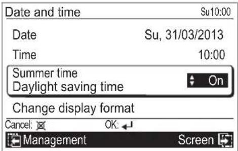 Date and time Su10:00 Date Su, 31/03/2013 Time 10:00 Summer time Daylight saving time On Change display format Cancel: OK: Management Screen