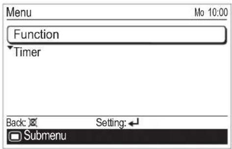 Menu Mo 10:00 Function Timer Back: Setting: ← Submenu