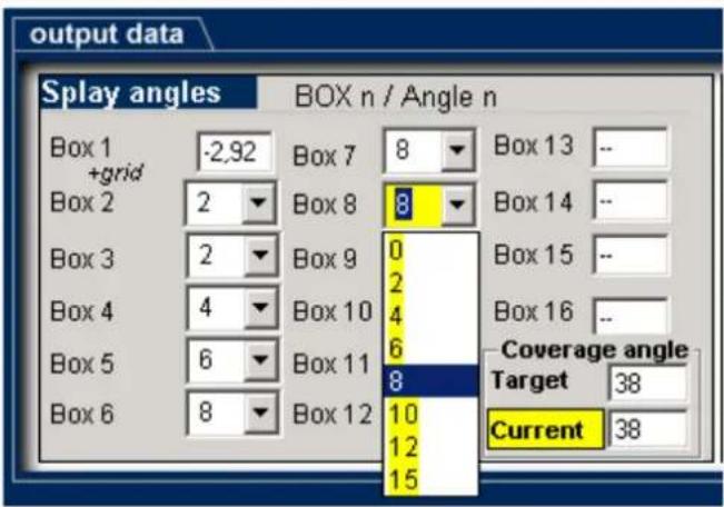 output data Splay angles BOX n / Angle n Box 1 -2.92 Box 7 8 Box 13 -- +grid Box 2 2 Box 8 8 Box 14 -- Box 3 2 Box 9 0 Box 15 -- Box 4 4 Box 10 2 Box 16 -- Box 5 6 Box 11 6 Coverage angle Box 6 8 Box 12 8 Target 38 Current 38