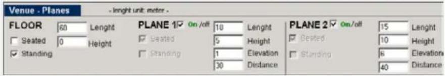 Venue . Planes - length unit: meter - FLOOR 60 Lenght PLANE 1 On /all 10 Lenght PLANE 2 On /all 15 Lenght Seated 0 Height Seated 5 Height Gested 10 Height Standing Standing 1 Elevation 6 Elevation Distance 30 Distance 40 Distance