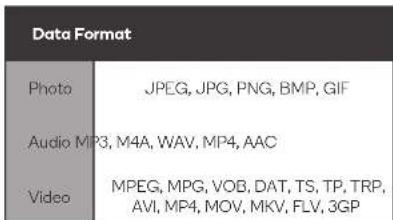 Data Format Photo JPEG, JPG, PNG, BMP, GIF Audio MP3, M4A, WAV, MP4, AAC Video MPEG, MPG, VOB, DAT, TS, TP, TRP, AVI, MP4, MOV, MKV, FLV, 3GP