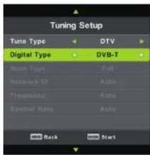 Tuning Setup Tune Type DTV Digital Type DVB-T Base Type Auto Rackwork ID Auto Phosphory Auto Symbol Mode Auto Back Sort