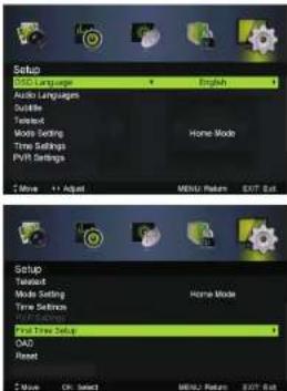 Setup RSD Language Audio Languages Audio Tideless Mock Setting Time Settings PVR Settings Move 1+ Adjust English Home Mode MENU Return EVT Edit Setup Television Mode Setting Time Settings Radio Settings Final Time Setup OAD Reset Move OK Select MENU Return EVT Edit