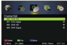 Channel Edit 601 ONE HD 601 TEN Digital 602 ONE HD 603 ONE Digital Open Hold Move Open Select MENU Return EXIT Exit