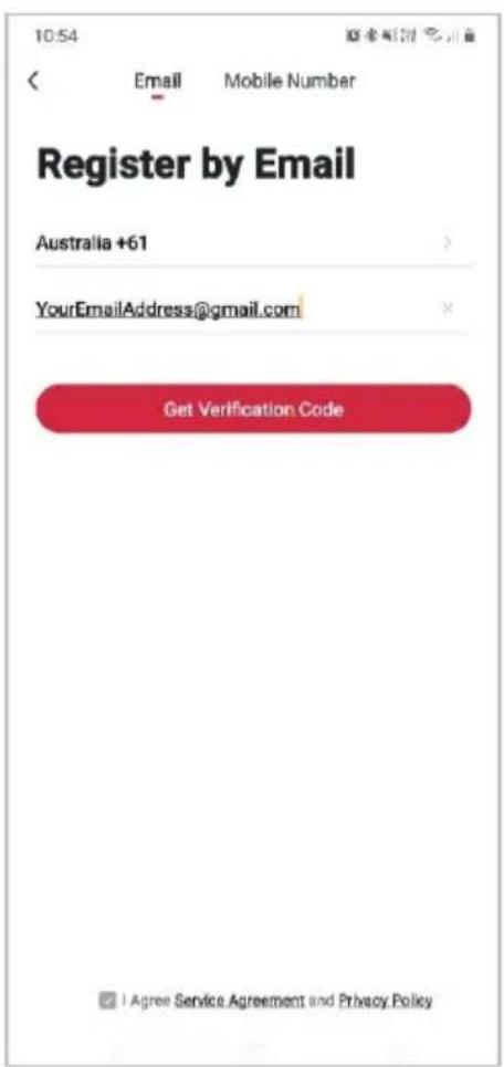 10:54 Email Mobile Number Register by Email Australia +61 YourEmailAddress@gmail.com Get Verification Code I Agree Service Agreement and Privacy Policy
