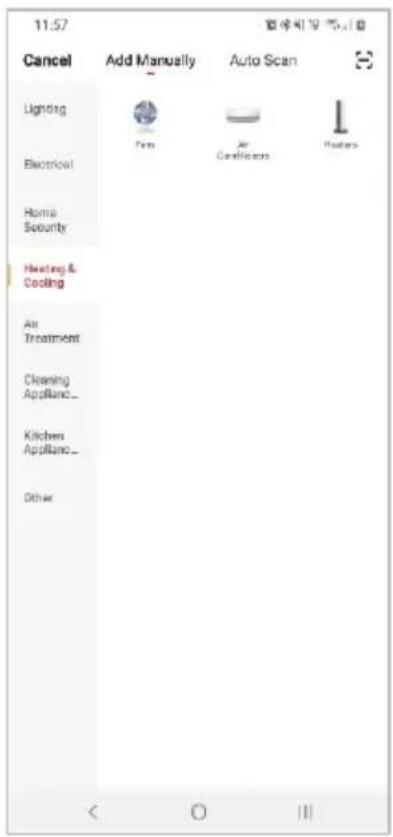 11:57 Cancel Add Manually Auto Scan Lighting Electrical Home Security Heating & Cooling Air Treatment Cleaning Appliance_ Kitchen Appliance_ Other < O ||