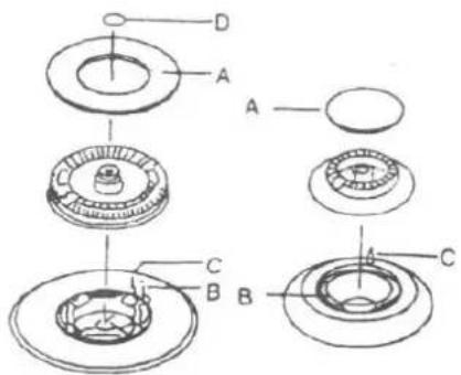 Technical diagram of a mechanical assembly with labeled parts A, B, C, D and circular components