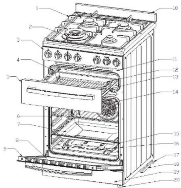 Technical diagram of an open oven with numbered parts for identification