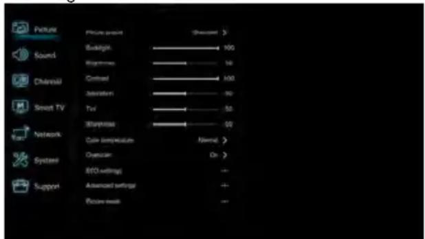 Picture Sound Chalmall Smart TV Network System Support Picture insert Budglt Weighted Control Operation Tol Staphias Color Impedance Overscan AVIO setting Advanced settings Rawer mesh 100 140 100 90 80 50 Normal On + + +