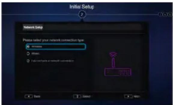 Initial Setup Network Setup Please select your network connection type: Windows Power1 Radio/above a network connection Back Select With