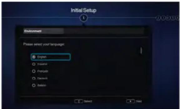 Initial Setup Environment Please select your language: English ○ Transo ○ Translate ○ Desktop ○ Safari Select Next
