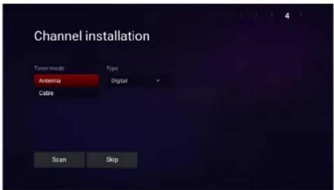 Channel installation Timer mode Type Antenna Digital Cable Scan Skip