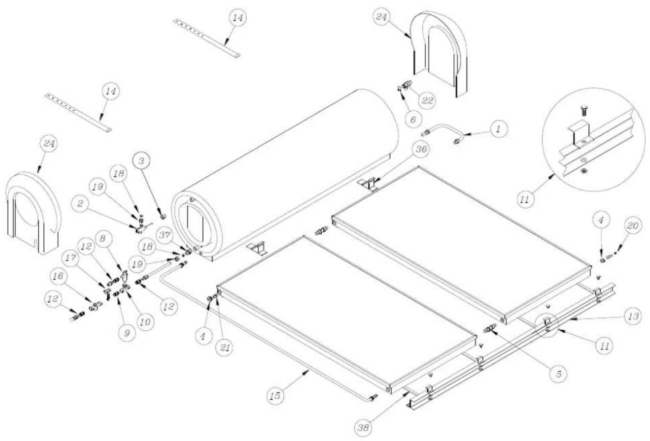Technical diagram of a mechanical assembly with numbered components and exploded view