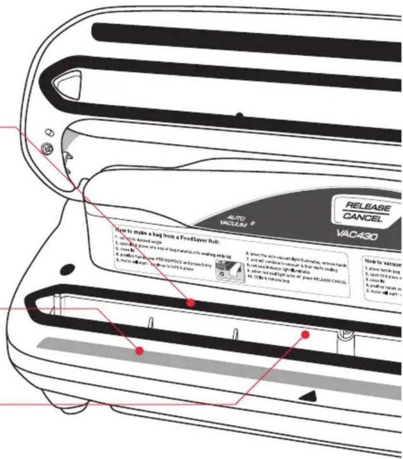 RELEASE CANCEL VAC430 AUTO VACUUM How to make a bag from a FoodSaver Refir: 1. making it derived length 2. open Bag, plus one end of bag (material) with sealing strip lid 3. clean Bit 4. position bar, power PREG/PSLED and make family 5. moty wall start, 1000000000 to build & press How to return: 1. place them in bag 2. open lid & plane a 3. clean Bit 4. positioning hands on 5. motor wall start -