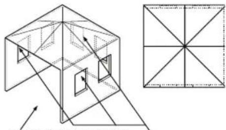 Pure geometric diagram showing a 3D cube with internal cutouts and an adjacent 2D grid with intersecting lines (no text or symbols)