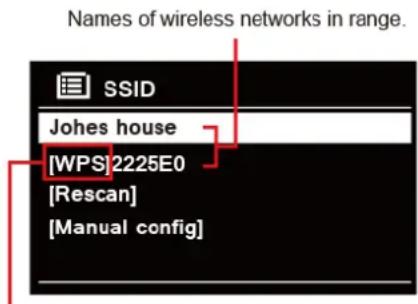 Names of wireless networks in range. SSID Johes house [WPS]2225E0 [Rescan] [Manual config]