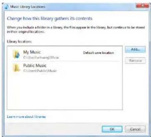 Music Library Locations Change how this library gathers its contents When you include a folder in a library, the files appear in the library, but continue to be stored in their original locations. Library locations My Music C:\Users\winwang\Music Default save location Public Music C:\Users\Public\Music Add... Remove Learn more about libraries OK Cancel
