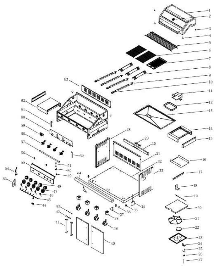 Exploded view diagram of a refrigerator with numbered parts for identification