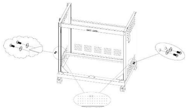 Technical diagram of a modular shelving unit with labeled components and angular annotations