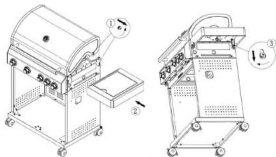 Technical diagram of a portable gas stove with labeled components and directional arrows indicating motion or movement.