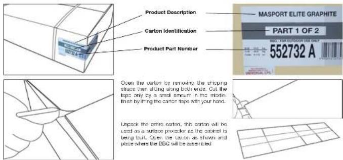 Product Description MASPORT ELITE GRAPHITE PART 1 OF 2 Carton Identification 552732 A Product Part Number Open the carton by removing the shipping space over sitting along both ends. Cut the topo, only by a small amount in box midro. fixes by lifting the carton tape with your hand. Unpack the entire carton, this carton will be used as a surface protector as the cabinet is being built. Open the carton as shown and place where the BDC will be assembled.