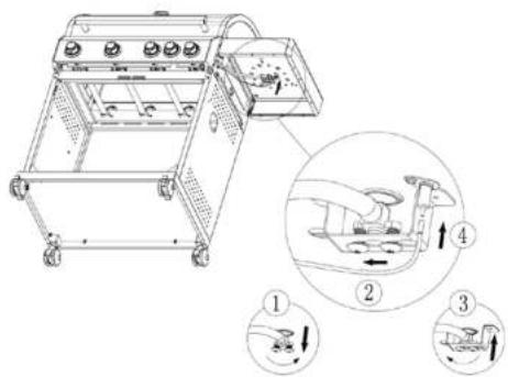 Technical diagram of a portable kitchen appliance with labeled parts and directional arrows indicating assembly steps