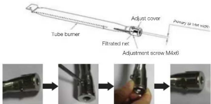 Tube burner Filtrated net Adjust cover Primary air inlet width Adjustment screw M4x6
