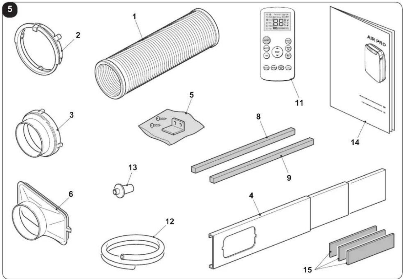 Exploded view diagram of air conditioner components with numbered parts and labeled parts