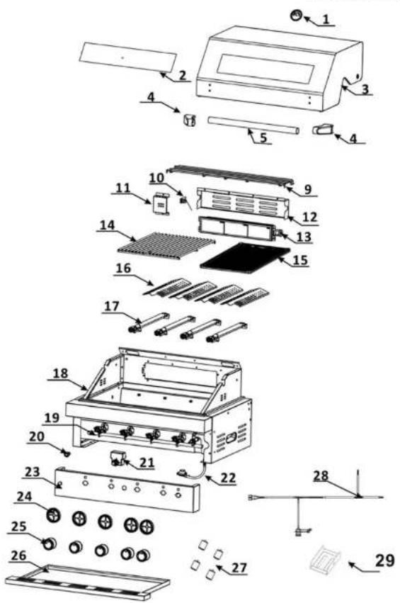 Exploded view diagram of a microwave oven with numbered parts and labeled components