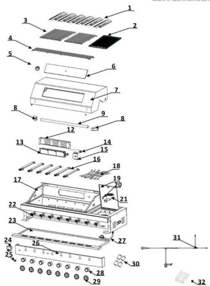 Exploded view diagram of a device with numbered components for identification and assembly reference.