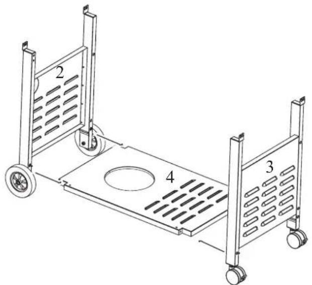 Technical diagram of a two-wheeled cart with labeled parts 2, 3, and 4
