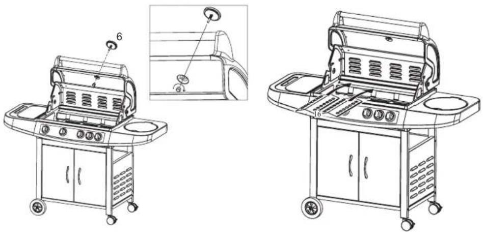 Technical line drawings of a gas stove with labeled components and close-up details