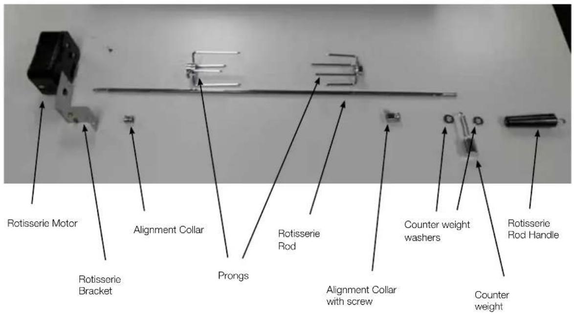 Rotisserie Motor Rotisserie Bracket Alignment Collar Prongs Rotisserie Rod Alignment Collar with screw Counter weight washers Counter weight Rotisserie Rod Handle