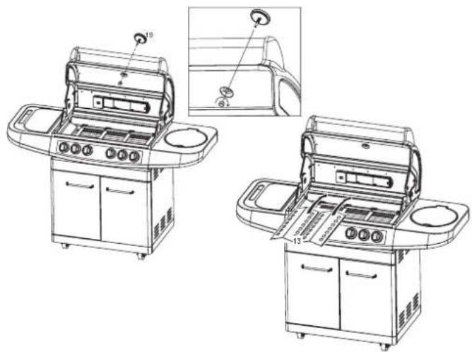 Technical line drawing of a car gas stove with labeled components and exploded view