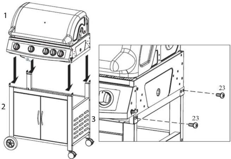 Technical diagram of a portable grill with labeled parts and exploded view, showing internal components and assembly steps.