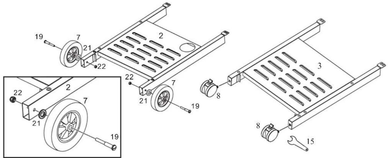 Technical diagram of a mechanical device with numbered components and exploded view, showing wheel assembly and component layout.