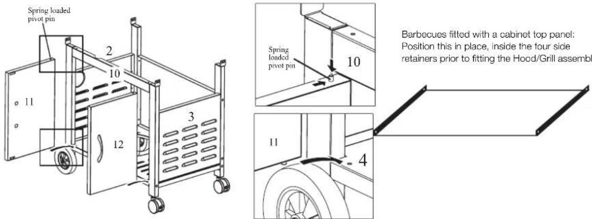 Spring loaded pivot pin 2 10 11 3 12 Spring loaded pivot pin 10 Barbecues fitted with a cabinet top panel: Position this in place, inside the four side retainers prior to fitting the Hood/Grill assembl 11 4