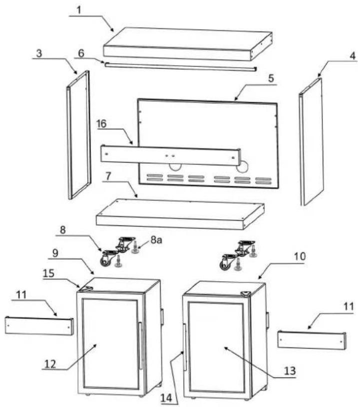 Exploded view diagram of a refrigerator with numbered parts for identification