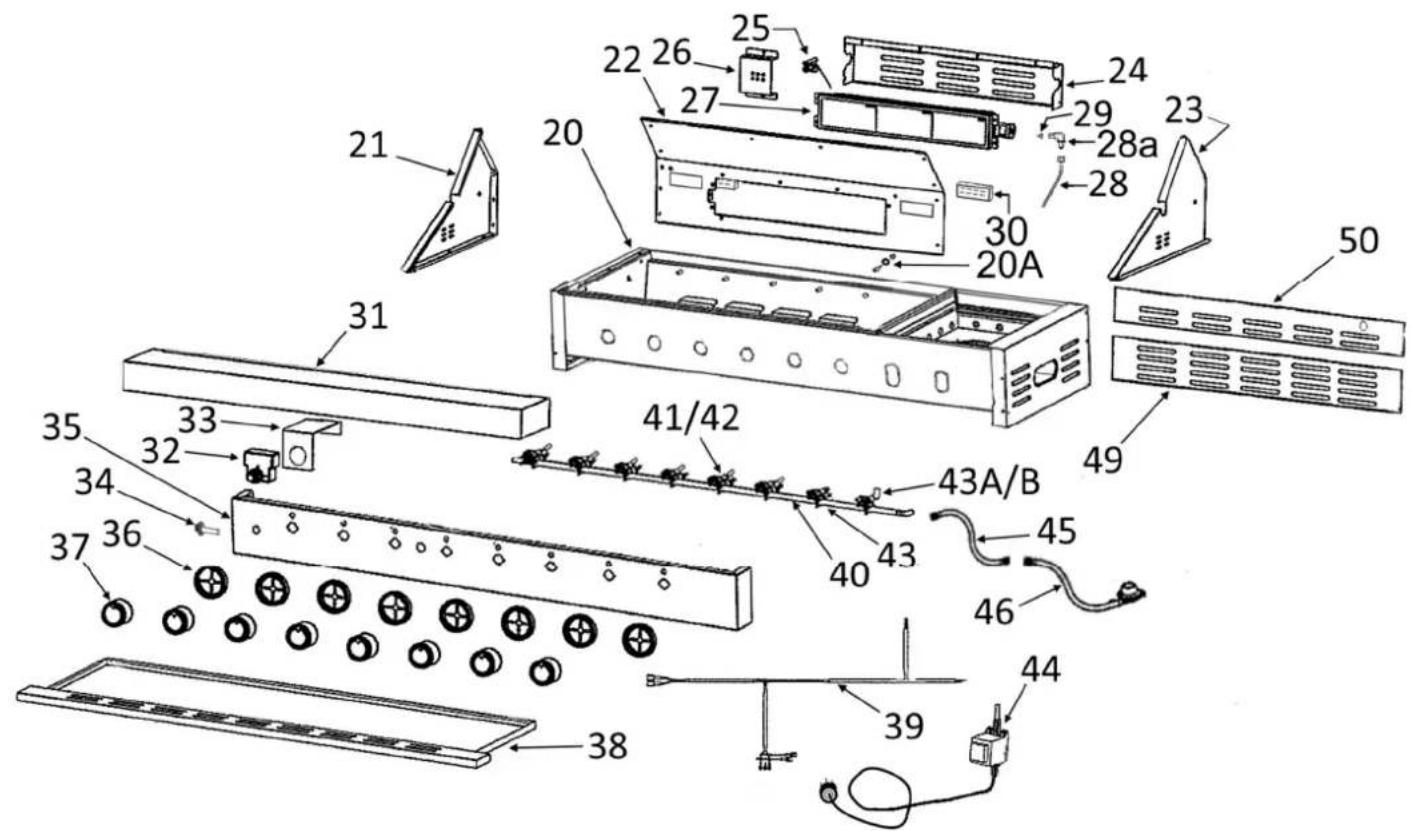 Exploded view diagram of a device with numbered components and labeled parts