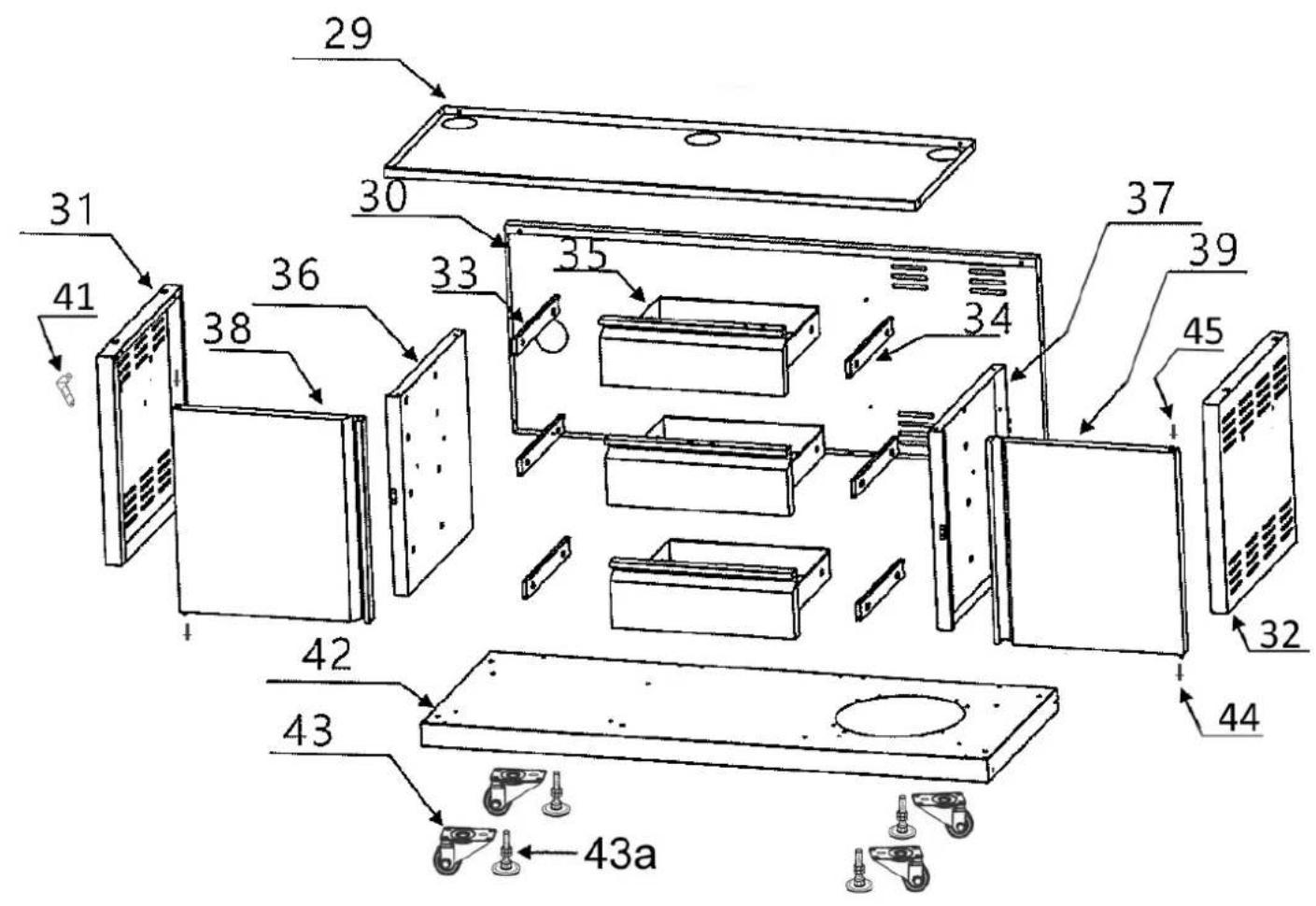 Exploded view diagram of a refrigerator with numbered components and labeled parts