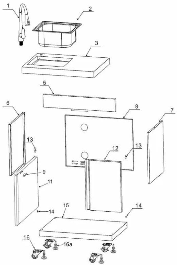 Exploded view diagram of a kitchen appliance with numbered parts for identification