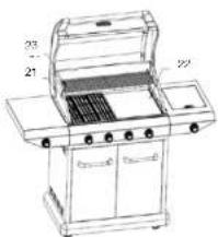Technical line drawing of a 3rd-5th-tiered grill with labeled components and internal compartments