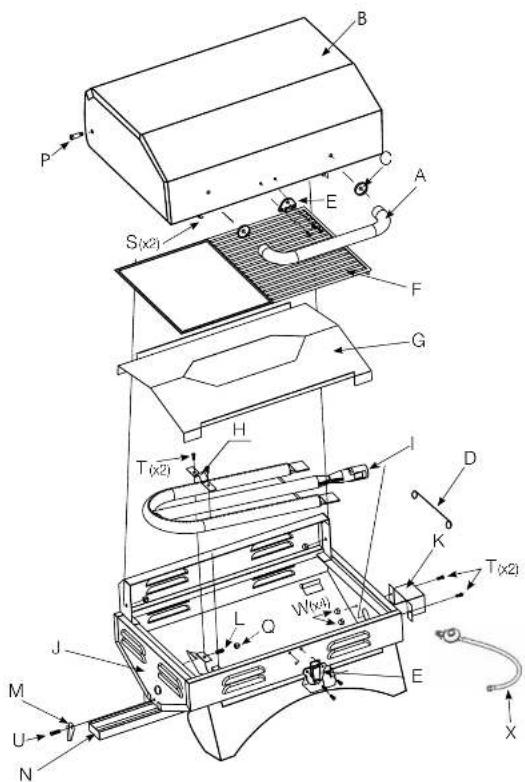 Technical diagram of a device with labeled components and force vectors, including parts like B, A, F, T, W, and directional arrows.