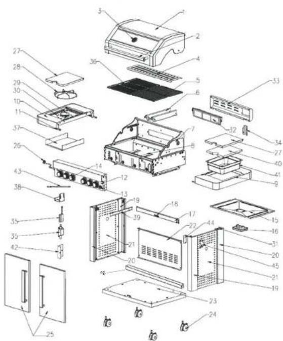 Exploded view diagram of a refrigerator with numbered parts for identification