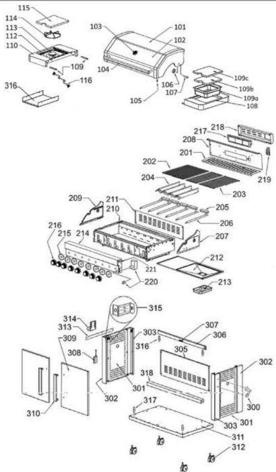 Exploded view diagram of a refrigerator with numbered parts and internal compartments